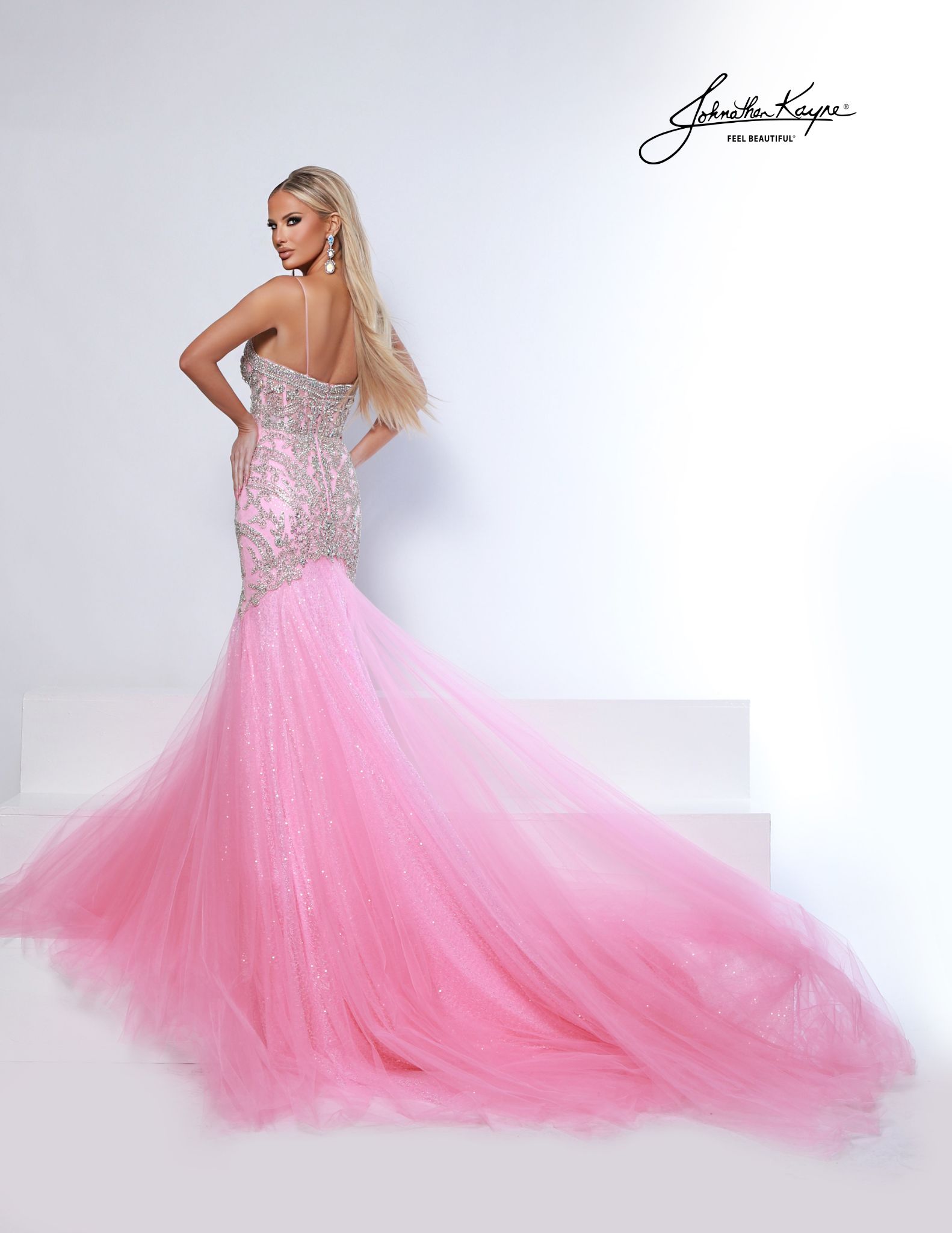 Back view of pink mermaid pageant dress with glittering sequin mesh skirt - great for pageants and stage presence.